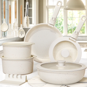 Complete Milky White Ceramic Cookware Set, Astercook Non-Stick Pots and Pans Set with Safe Sensor Handles