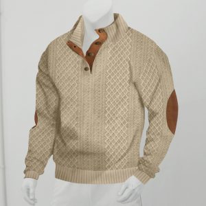 Cross-Border Hot-Selling Casual Jacquard Knitted Pullover Sweater for Men, Autumn and Winter Stand-Up Collar Long-Sleeve
