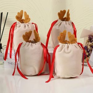Deer Antler Design Drawstring Gift Bags with Festive Ribbon Bow