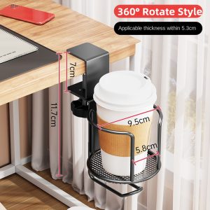 Desk Cup Holder with Headphone Hanger, Anti-Spill Rotation Stand Hook for Coffee Cups
