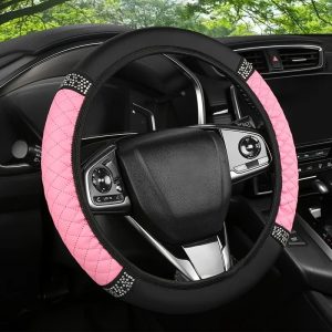Diamond PU Leather Steering Wheel Cover for Universal 15-Inch Wheels, Non-Slip Grip, Luxe Sparkle Comfort
