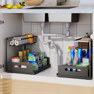 Drawer Pull Out Cabinet Tier Under Sink Organizer, Sliding Basket, Multi-Purpose Sink Storage for Bathroom Kitchen