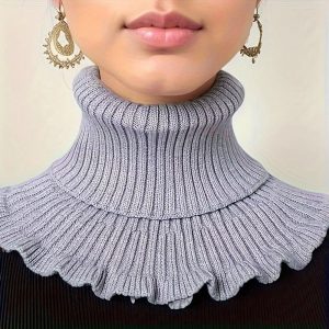 Fashionable Black and White Knitted False Neck Scarf with Elegant Ruffle Edge