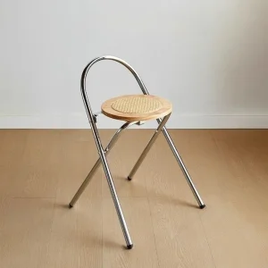 Foldable Retro Backrest Dining Chair, Leisure Balcony Rattan Bar Chairs for Family Use
