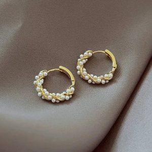 French Imitation Pearl Round Hoop Earrings