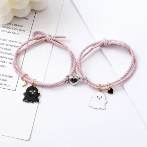 Ghost Braided Bracelet Set for Lovers Long Distance Heart Magnet Couple Friendship Jewelry Gift