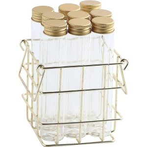 Glass Jar Storage Basket Set - 9-Piece Spice Organizer with Lids and Gold Metal Rack for Tea, Coffee, Candy & More