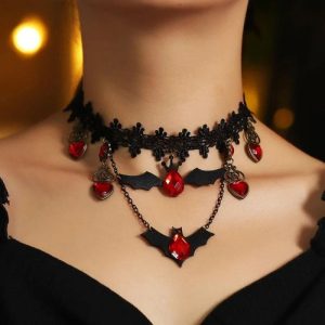 Gothic Style Bat And Heart Pendant Necklace For Costume And Parties