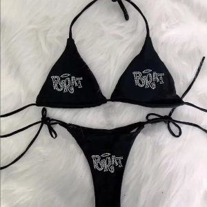 Grunge Swimsuit Bikini, Woman Punk Beach Swimwear, Gothic BRAT Rhinestone Printing, Lace Up Bathing Suits