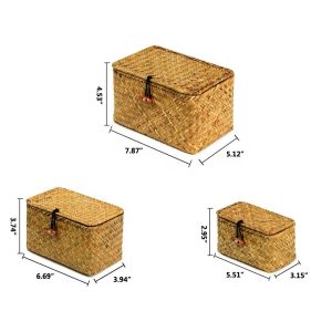 Hand-Woven Rattan Storage Box Set (3 Pcs) - Rectangular Wicker Baskets for Home Organization & Clothes Storage