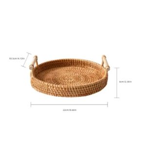 Handmade Rattan Serving Tray with Handles Round Woven Boho Kitchen Decor
