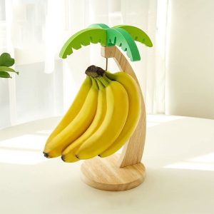 Hanging Kitchen Rack with Hook, Wooden Banana Rack, Vertical Fruit Storage with Simulated Leaf Decoration