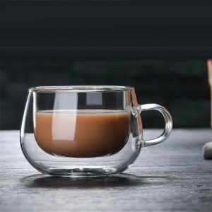 Heat Resistant Double Wall Glass Coffee Mug with Handle