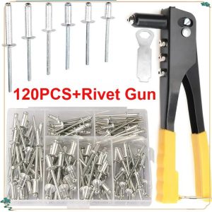 Heavy Duty Pop Rivet Gun Kit with 120pcs Blind Rivets - Manual Hand Riveter Set for Metal, Automotive and Construction