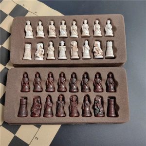 Imitation Ancient Chess Trumpet Resin Chess Pieces with Leather Chessboard, Qing Bing Figure Puzzle Set, Portable Gift