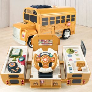 Interactive Toddler School Bus Toy with Sound, Music Driving, Light Simulation Steering Wheel Early Education Gift