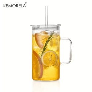 KEMORELA 740ML Ribbed Glass Tumbler with Handle Lid and Reusable Straw Clear Large Drinkware 1 to2 Set