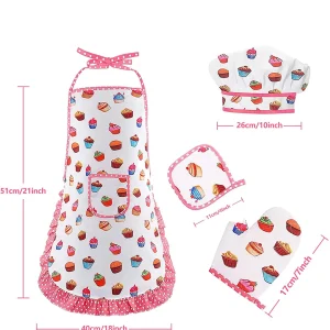 Kids Apron for Little Girls, Pink Chef Baking Set, Kitchen Cooking Play House Tools for Pretend Play Simulation