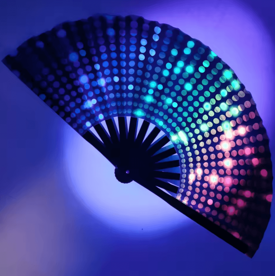 Large Carnival Folding Fan with Energetic Neon Mushroom Pattern - Unisex Hand Fan