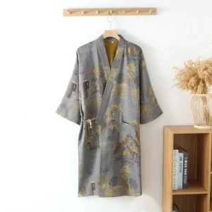 Men's Blue Green Printed Cotton Robe, Kimono Style Bathrobe for Spring, Summer, Autumn, Long Cotton Kimono Robe for Men