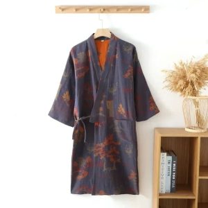 Mens Cotton Kimono Robe Jacquard Printed Spring Home Bathrobe
