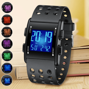 Men's Digital Military Sport Watch - Waterproof 3ATM, 7-Color LED, Calendar, Shock Resistant Wristband