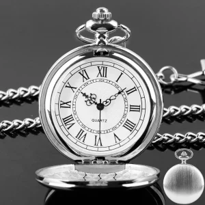Modern Analog Pocket Watch with Luxury Smooth Silver Pendant, Roman Numerals, Unisex Chain Gift