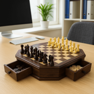 Octagon Wooden Chess and Checkers Set - 13-Inch Board with Storage Drawers