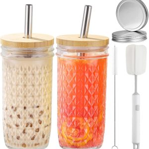 Premium 24oz Glass Tumbler Set - High-Performance Reusable Boba & Iced Coffee Mason Jars