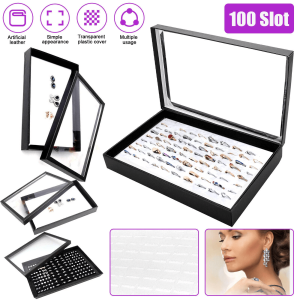 Premium Jewelry Ring Display Organizer Case Tray, Faux Leather Earring Storage Box with 100 Slots for Rings, Gifts