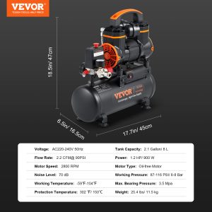 Quiet VEVOR Air Compressor Oil-Free, Portable Silent Pump for Tire Inflation, Garage, Workshop & DIY Home Repair