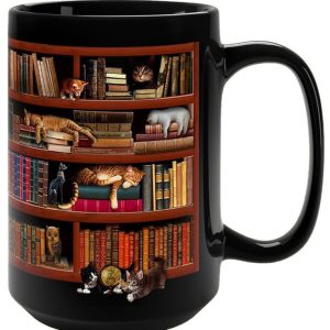 Retro Book Pattern Mug, Literary Black Ceramic Coffee Cup, Vintage Bookshelf Theme, Book Lover Gift Mug