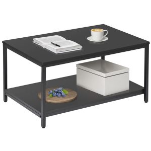 Rustic Black Tier Small Coffee Table, Wood Rectangle Side End Table, Storage Shelf, Sturdy Metal Frame