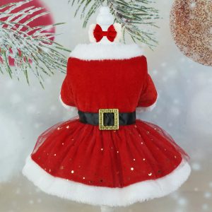 Santa Claus Dog Dress - Festive Red Mesh & Gold Velvet Christmas Costume for Pets, Party & Holiday Dress-Up