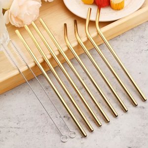 Set of 4 Reusable Gold Metal Straws for Milk Tea Coffee Juice