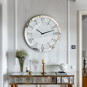 Silver Crystal Crush Diamond Wall Clock, Mirrored Quartz Clock with Beveled Glass, Luxury Home Decor Round Design