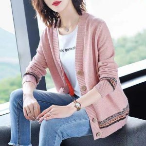 SoftSpring Loose V-Neck Button Cardigan - Korean-Style Long-Sleeve Knit