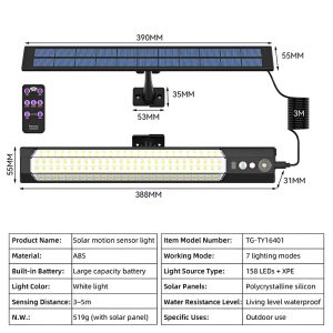 Solar 316/158LED Motion Sensor Outdoor Wall Mount LED Security Light Waterproof for Garden Fence Yard Camping
