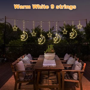 Solar Moon Star LED Decor Light, Outdoor Waterproof Curtain Lights, 8 Modes String Light for Ramadan Hanging Decor