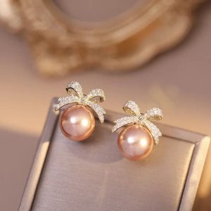 Sparkling Rhinestone Bow & Pearl Stud Earrings