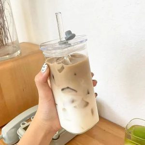 Square Heat-Resistant Glass Cup With Lid and Straw
