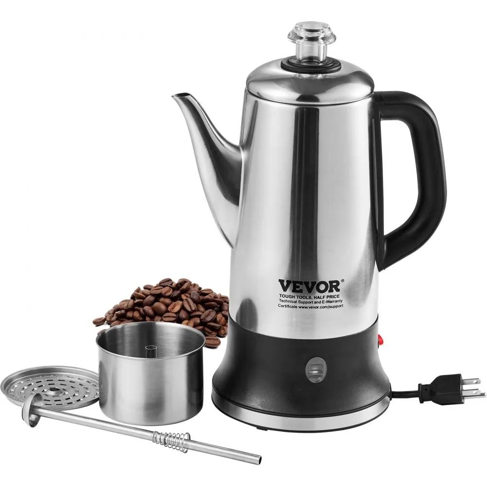 Stainless Steel Coffee Percolator with Keep Warm Function & Heat-Resistant Handle, Automatic Silver Brewer