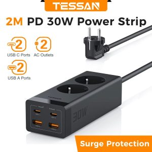 TESSAN 30W GaN Desk Power Strip with Surge Protection and USB C Ports