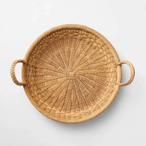 Threshold Designed Round Tapered Tray, Woven Rattan Decorative Tray, Raised Sides