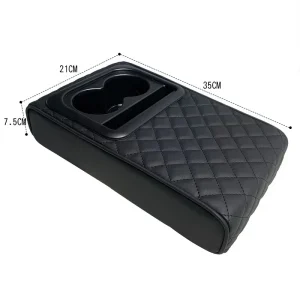 Universal Car Center Console Armrest Cushion with 2 Cup Holders, PU Leather Height Adjustable Pad for Comfort & Storage