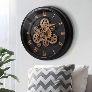 Vintage Mechanical Wall Clock Large Moving Gears Battery Operated Industrial Clock for Home Office, Farmhouse Decor