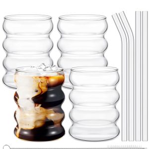 Vintage Ribbed Glass Cups with Straws - 4-Piece Aesthetic Drinking Glassware Set for Coffee, Tea & More