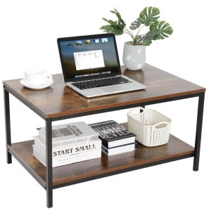 Vintage Rustic Wood Coffee Table with Strong Frame, Living Room Coffee Table with Mesh Shelf, Dining Room Table