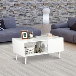 White Wooden Retro Coffee Table, Rectangular Open Storage Shelf, Large Storage Space for Living Room