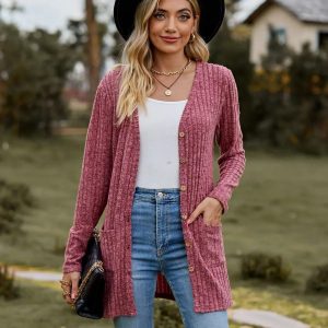 Women Long Sleeve Button V Neck Casual Cardigan Jacket